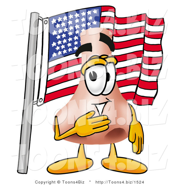Illustration of a Cartoon Human Nose Mascot Pledging Allegiance to an American Flag