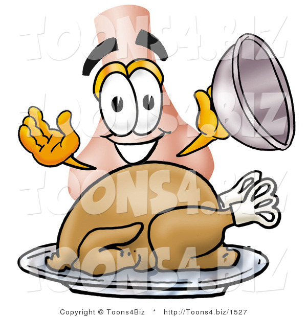 Illustration of a Cartoon Human Nose Mascot Serving a Thanksgiving Turkey on a Platter