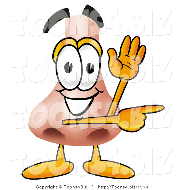 Illustration of a Cartoon Human Nose Mascot Waving and Pointing