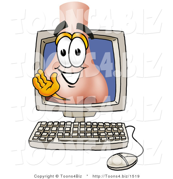 Illustration of a Cartoon Human Nose Mascot Waving from Inside a Computer Screen