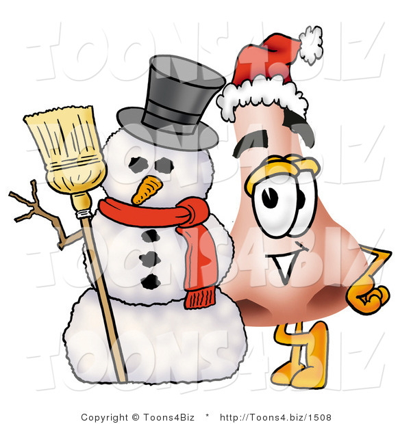 Illustration of a Cartoon Human Nose Mascot with a Snowman on Christmas
