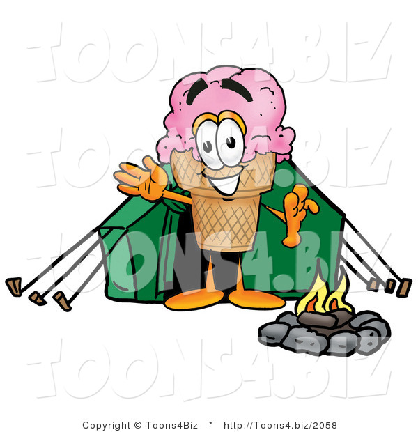 Illustration of a Cartoon Ice Cream Cone Mascot Camping with a Tent and Fire