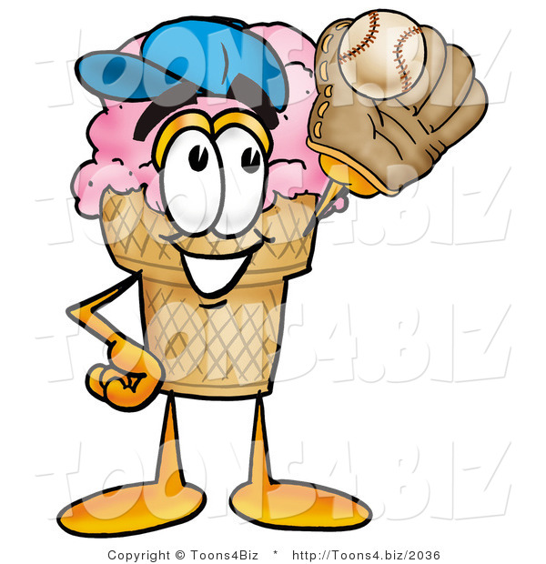 Illustration of a Cartoon Ice Cream Cone Mascot Catching a Baseball with a Glove