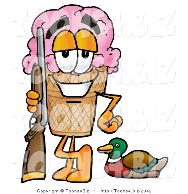Illustration of a Cartoon Ice Cream Cone Mascot Duck Hunting, Standing with a Rifle and Duck