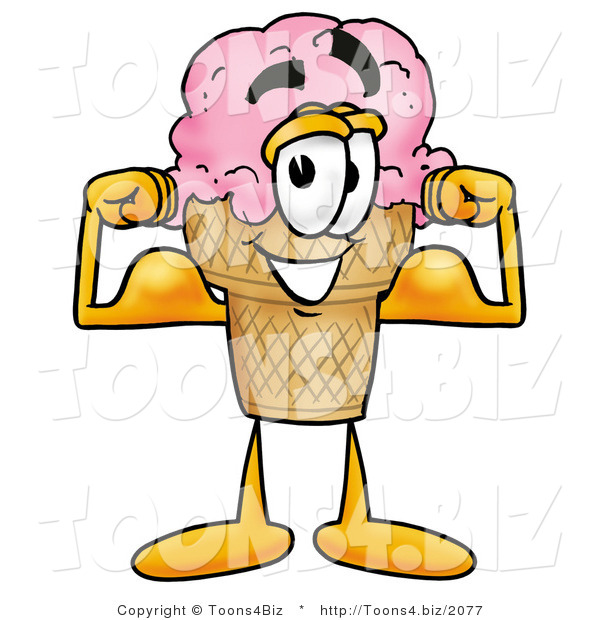 Illustration of a Cartoon Ice Cream Cone Mascot Flexing His Arm Muscles