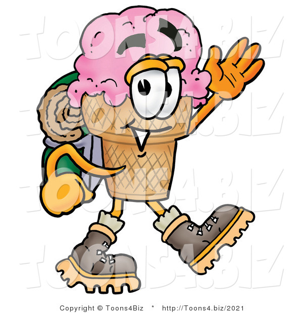 Illustration of a Cartoon Ice Cream Cone Mascot Hiking and Carrying a Backpack