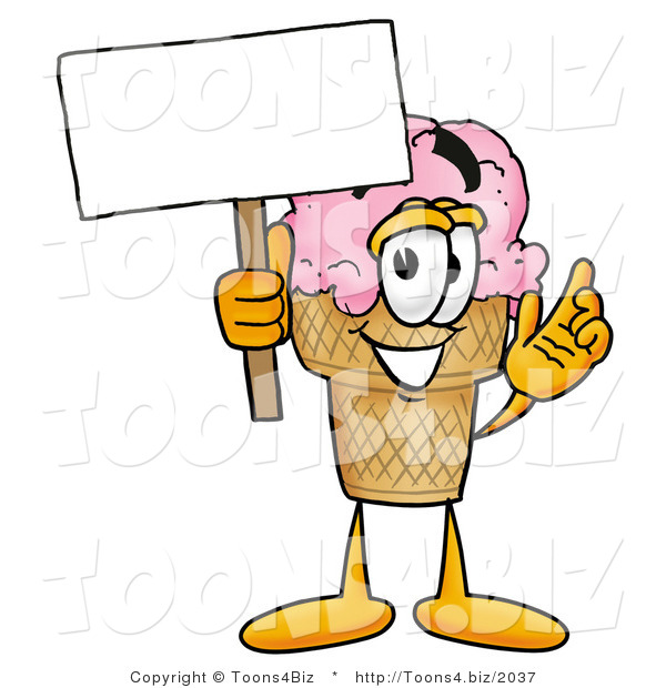 Illustration of a Cartoon Ice Cream Cone Mascot Holding a Blank Sign