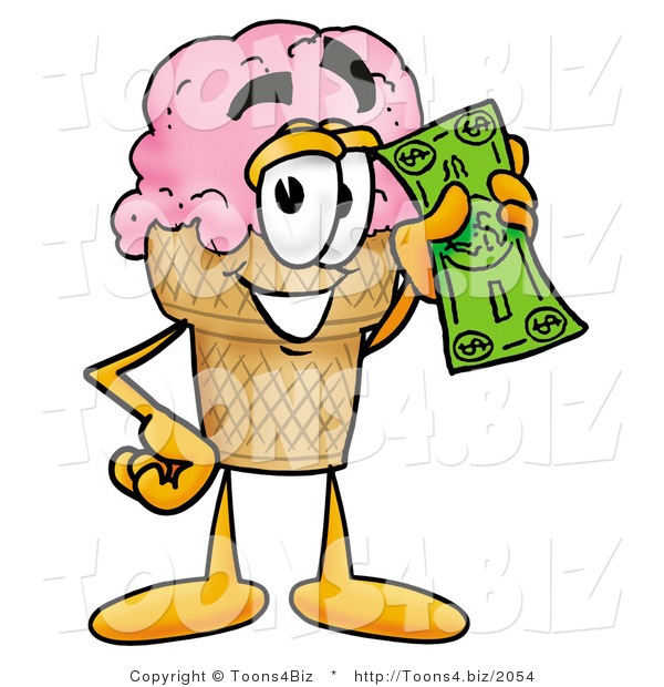 Illustration of a Cartoon Ice Cream Cone Mascot Holding a Dollar Bill