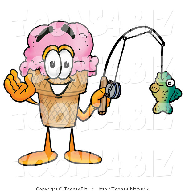 Illustration of a Cartoon Ice Cream Cone Mascot Holding a Fish on a Fishing Pole