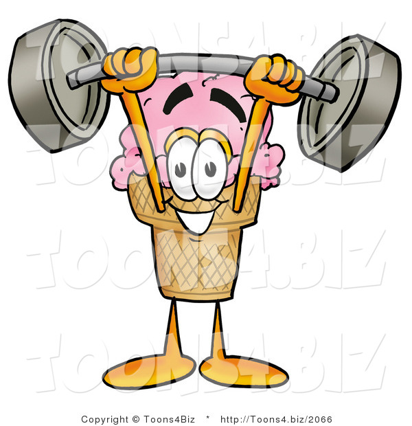 Illustration of a Cartoon Ice Cream Cone Mascot Holding a Heavy Barbell Above His Head