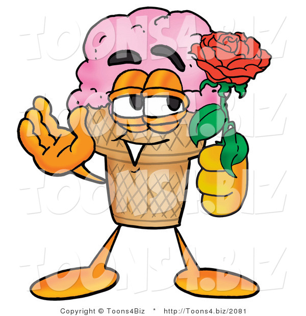Illustration of a Cartoon Ice Cream Cone Mascot Holding a Red Rose on Valentines Day