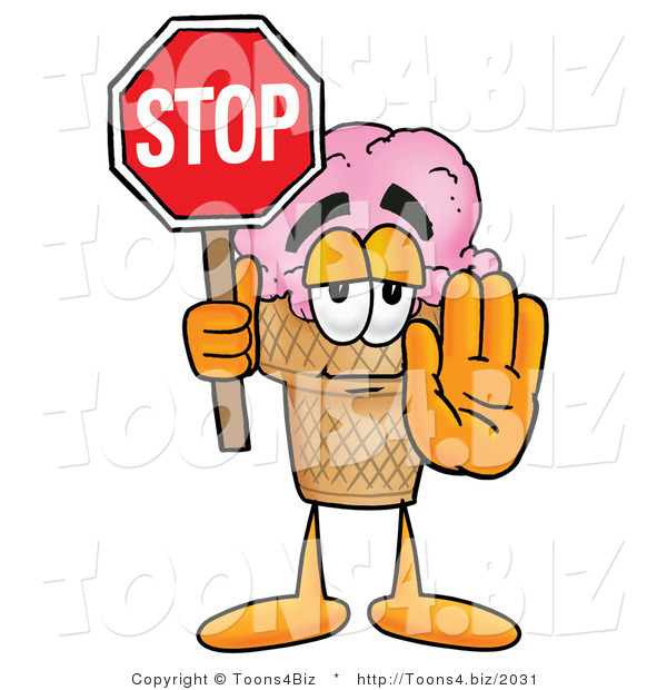 Illustration of a Cartoon Ice Cream Cone Mascot Holding a Stop Sign