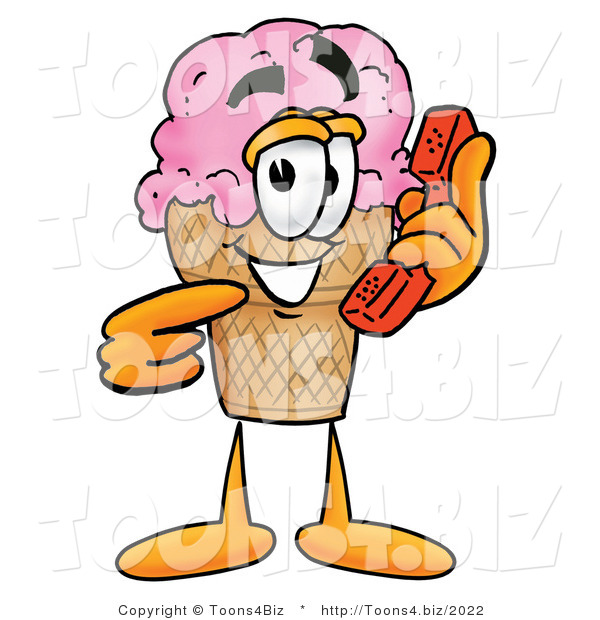 Illustration of a Cartoon Ice Cream Cone Mascot Holding a Telephone