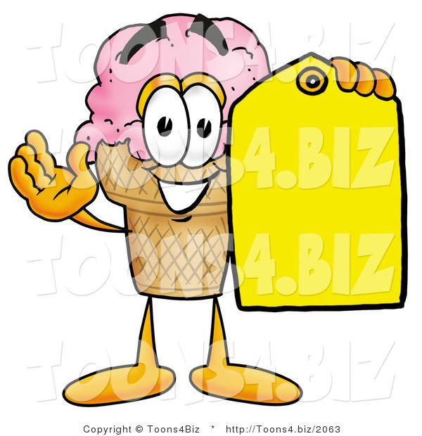 Illustration of a Cartoon Ice Cream Cone Mascot Holding a Yellow Sales Price Tag