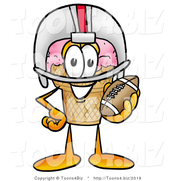 Illustration of a Cartoon Ice Cream Cone Mascot in a Helmet, Holding a Football