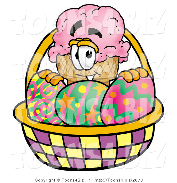 Illustration of a Cartoon Ice Cream Cone Mascot in an Easter Basket Full of Decorated Easter Eggs