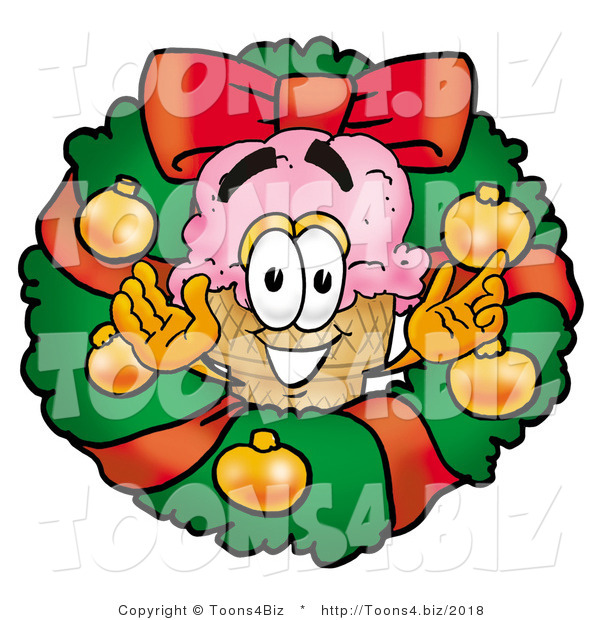 Illustration of a Cartoon Ice Cream Cone Mascot in the Center of a Christmas Wreath