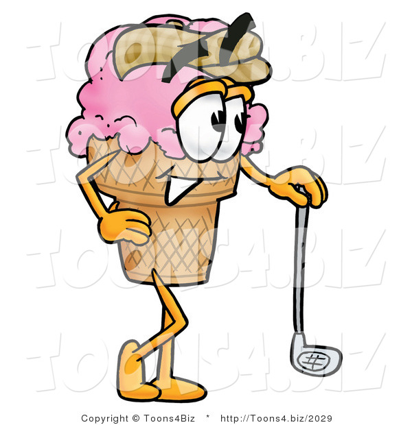 Illustration of a Cartoon Ice Cream Cone Mascot Leaning on a Golf Club While Golfing