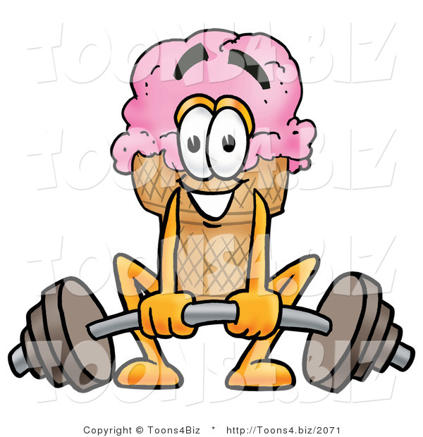 Illustration of a Cartoon Ice Cream Cone Mascot Lifting a Heavy Barbell