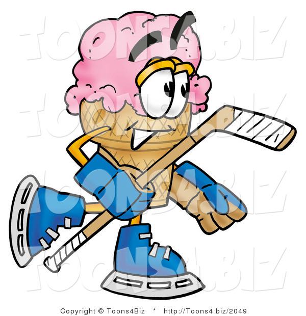 Illustration of a Cartoon Ice Cream Cone Mascot Playing Ice Hockey