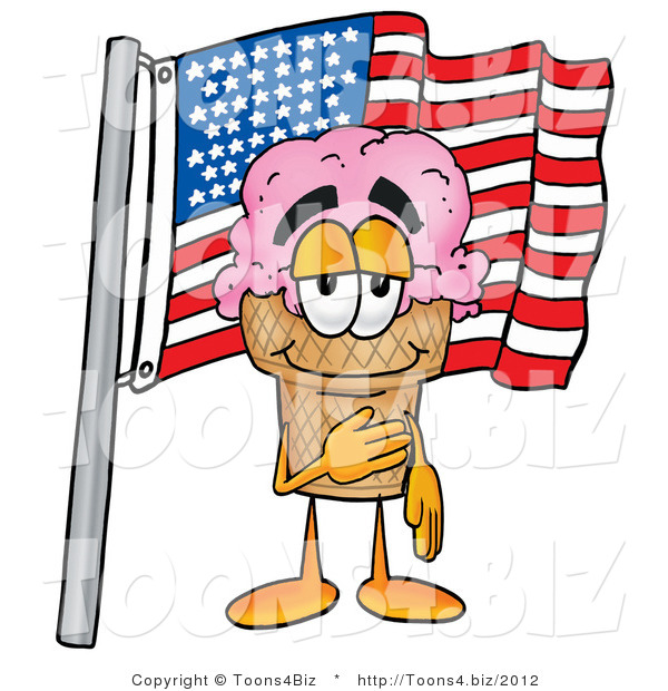 Illustration of a Cartoon Ice Cream Cone Mascot Pledging Allegiance to an American Flag