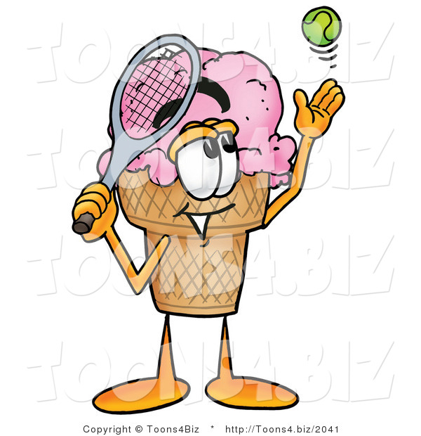 Illustration of a Cartoon Ice Cream Cone Mascot Preparing to Hit a Tennis Ball