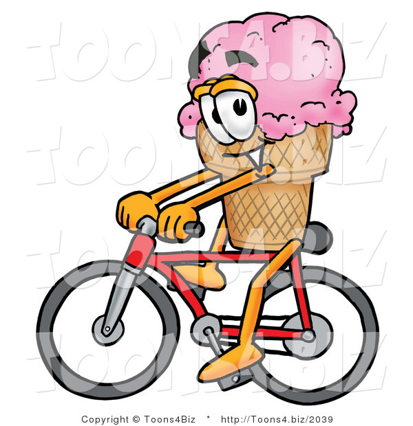 Illustration of a Cartoon Ice Cream Cone Mascot Riding a Bicycle