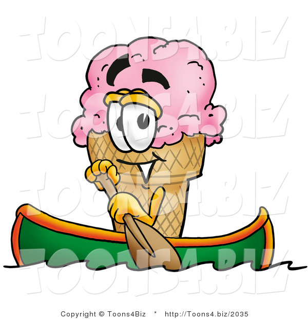 Illustration of a Cartoon Ice Cream Cone Mascot Rowing a Boat