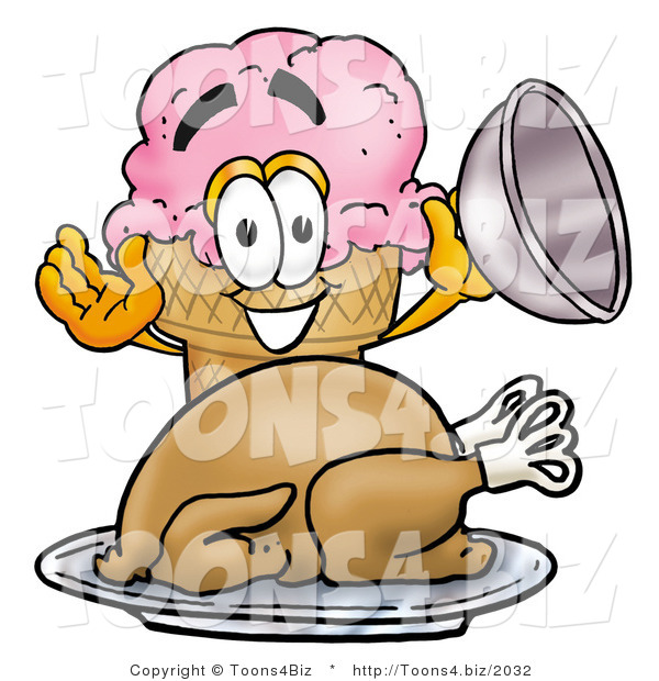 Illustration of a Cartoon Ice Cream Cone Mascot Serving a Thanksgiving Turkey on a Platter