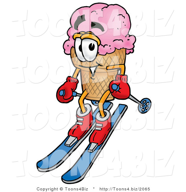 Illustration of a Cartoon Ice Cream Cone Mascot Skiing Downhill