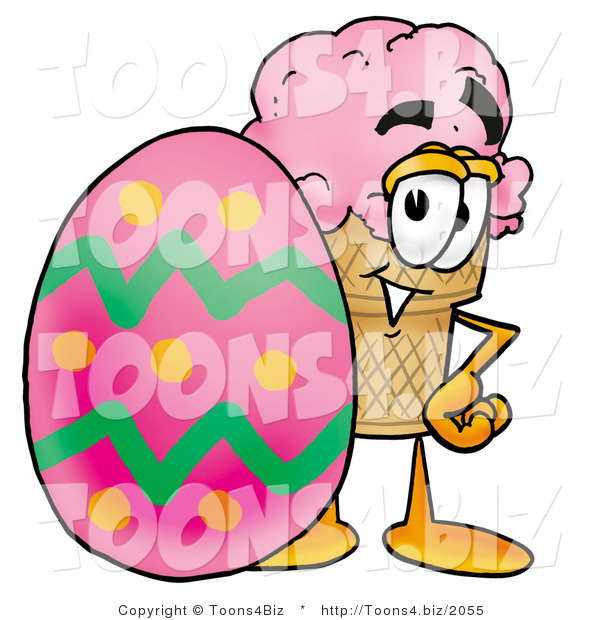 Illustration of a Cartoon Ice Cream Cone Mascot Standing Beside an Easter Egg