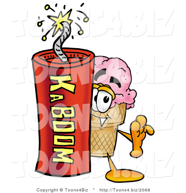 Illustration of a Cartoon Ice Cream Cone Mascot Standing with a Lit Stick of Dynamite