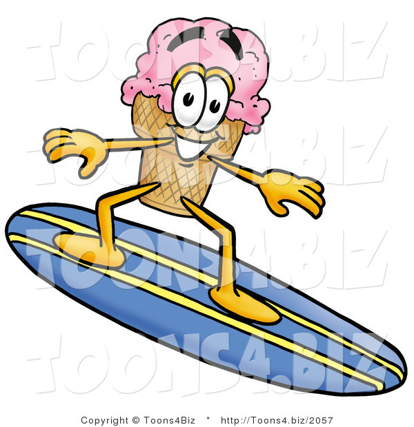 Illustration of a Cartoon Ice Cream Cone Mascot Surfing on a Blue and Yellow Surfboard