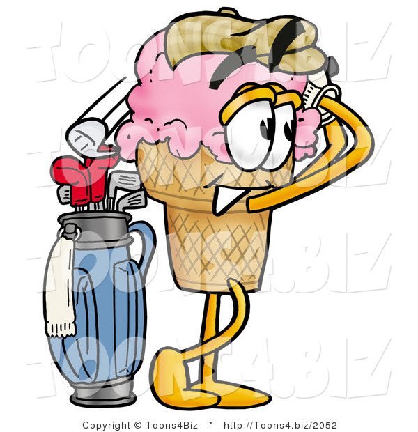 Illustration of a Cartoon Ice Cream Cone Mascot Swinging His Golf Club While Golfing