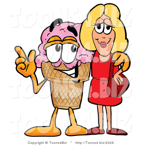 Illustration of a Cartoon Ice Cream Cone Mascot Talking to a Pretty Blond Woman