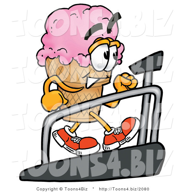 Illustration of a Cartoon Ice Cream Cone Mascot Walking on a Treadmill in a Fitness Gym