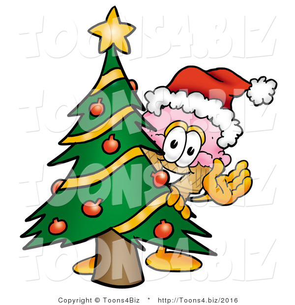 Illustration of a Cartoon Ice Cream Cone Mascot Waving and Standing by a Decorated Christmas Tree