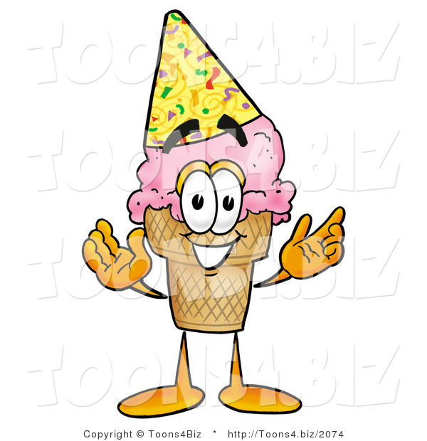 Illustration of a Cartoon Ice Cream Cone Mascot Wearing a Birthday Party Hat