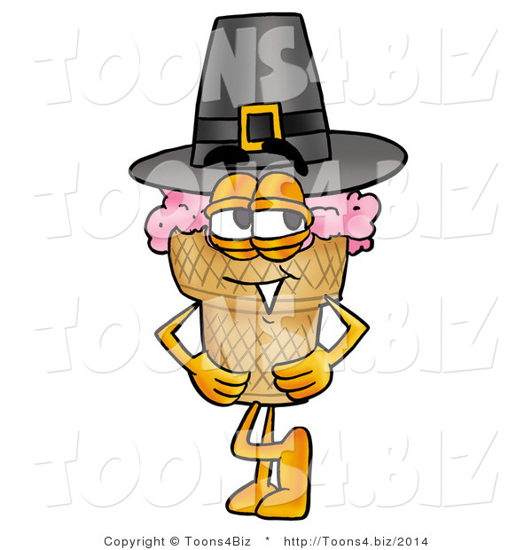 Illustration of a Cartoon Ice Cream Cone Mascot Wearing a Pilgrim Hat on Thanksgiving
