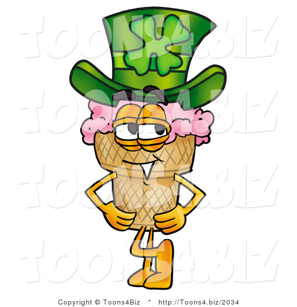 Illustration of a Cartoon Ice Cream Cone Mascot Wearing a Saint Patricks Day Hat with a Clover on It