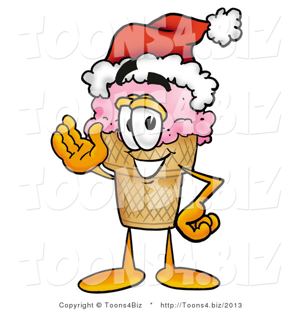 Illustration of a Cartoon Ice Cream Cone Mascot Wearing a Santa Hat and Waving