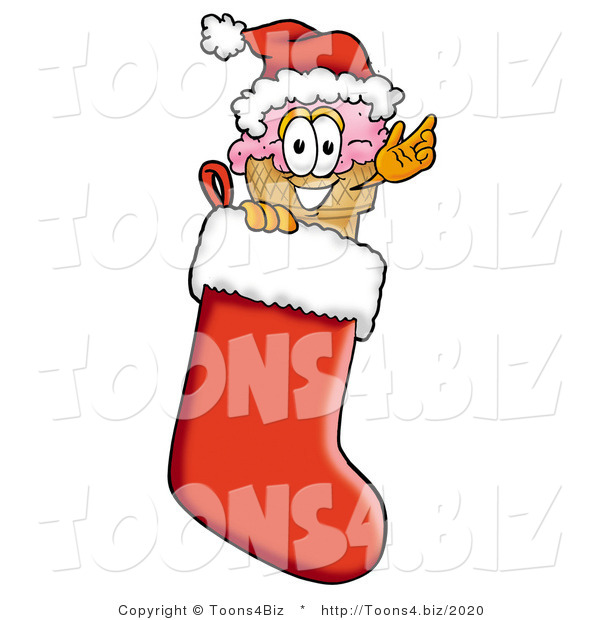 Illustration of a Cartoon Ice Cream Cone Mascot Wearing a Santa Hat Inside a Red Christmas Stocking