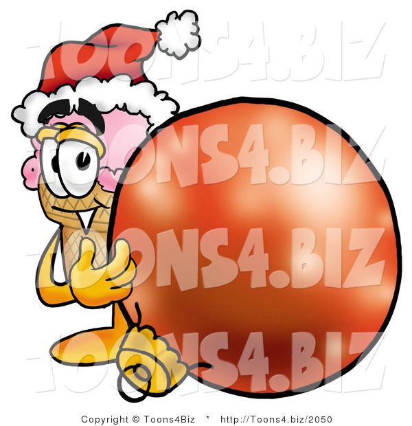 Illustration of a Cartoon Ice Cream Cone Mascot Wearing a Santa Hat, Standing with a Christmas Bauble