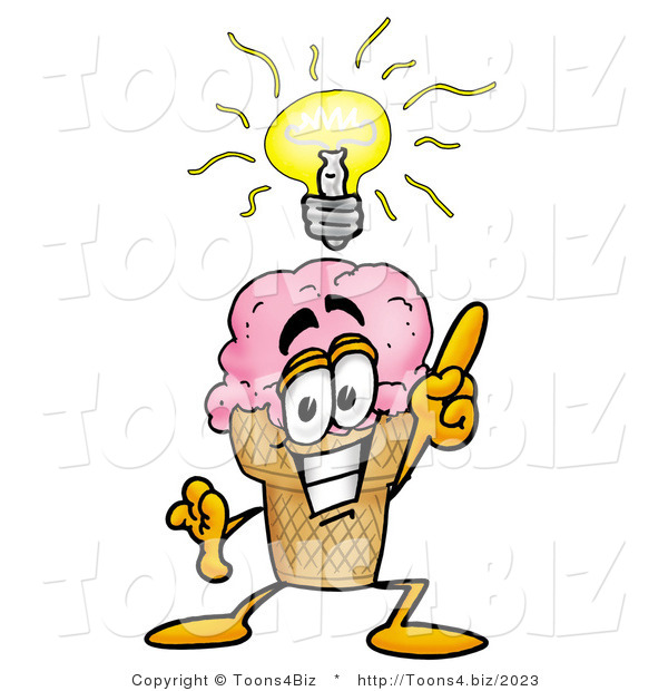 Illustration of a Cartoon Ice Cream Cone Mascot with a Bright Idea