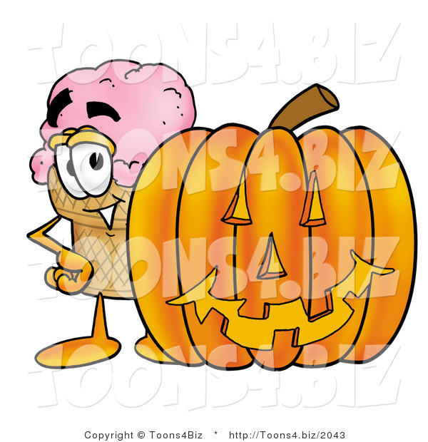 Illustration of a Cartoon Ice Cream Cone Mascot with a Carved Halloween Pumpkin