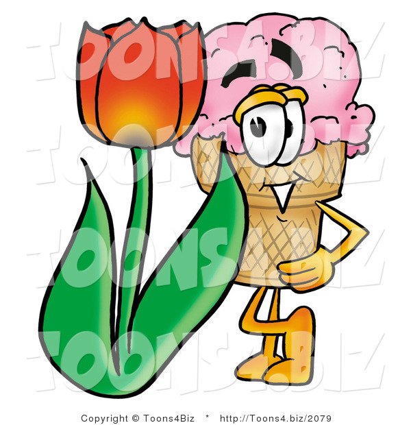 Illustration of a Cartoon Ice Cream Cone Mascot with a Red Tulip Flower in the Spring