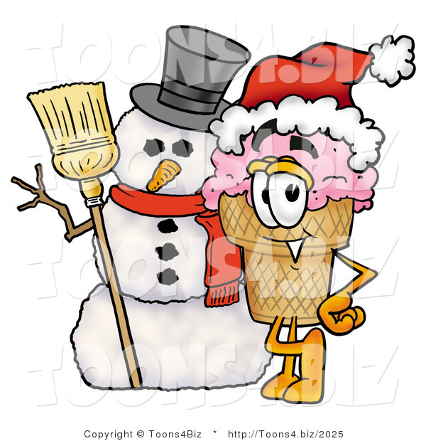 Illustration of a Cartoon Ice Cream Cone Mascot with a Snowman on Christmas