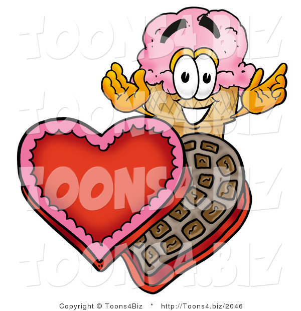 Illustration of a Cartoon Ice Cream Cone Mascot with an Open Box of Valentines Day Chocolate Candies
