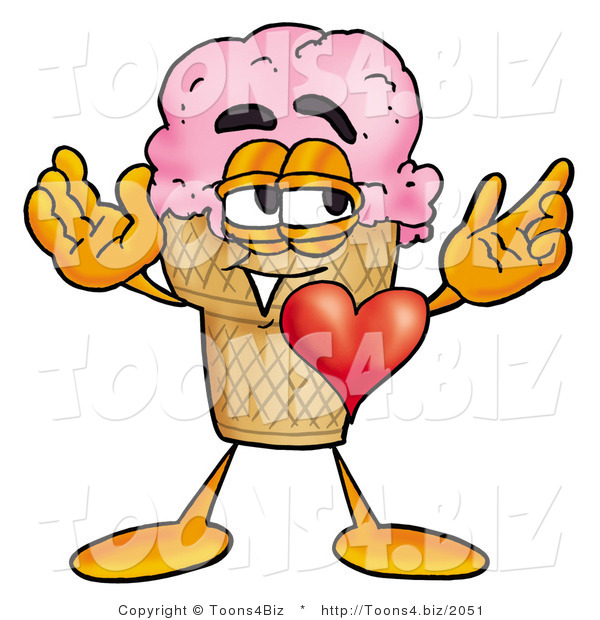 Illustration of a Cartoon Ice Cream Cone Mascot with His Heart Beating out of His Chest