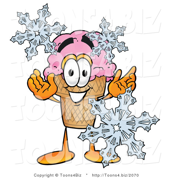 Illustration of a Cartoon Ice Cream Cone Mascot with Three Snowflakes in Winter
